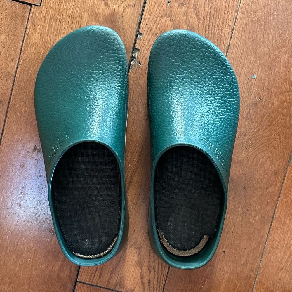 Birkis molded plastic Birkenstock clogs green